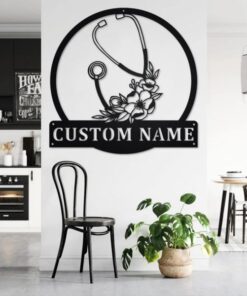 Personalized Stethoscope Floral Metal Wall Art Custom Nurse Name Sign Gifts for Nursing