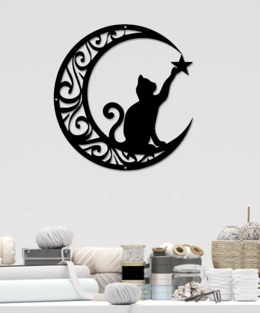 Moon Cat Metal Wall Art, Luna Cat With Star Metal Sign, Cat Lover Wall Decor, Cat Lover Gift, Black Cat Metal Sign, Home Decor