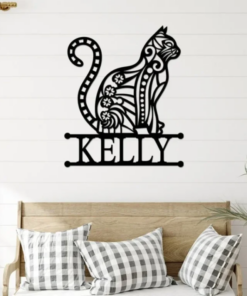 Cat Metal Wall Art, Custom Name Cat Metal Sign, Metal Cat Sign, Cat Floral Art, Home Decor, Cat Lover Gifts, Bedroom Wall Decor