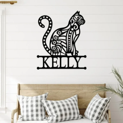 Cat Metal Wall Art, Custom Name Cat Metal Sign, Metal Cat Sign, Cat Floral Art, Home Decor, Cat Lover Gifts, Bedroom Wall Decor