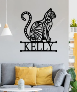 Cat Metal Wall Art, Custom Name Cat Metal Sign, Metal Cat Sign, Cat Floral Art, Home Decor, Cat Lover Gifts, Bedroom Wall Decor