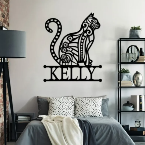 Cat Metal Wall Art, Custom Name Cat Metal Sign, Metal Cat Sign, Cat Floral Art, Home Decor, Cat Lover Gifts, Bedroom Wall Decor