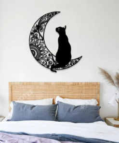 Black Cat Sitting On Mandala Moon Wall Art, Cat Metal Sign Decor, Many Sizes Available