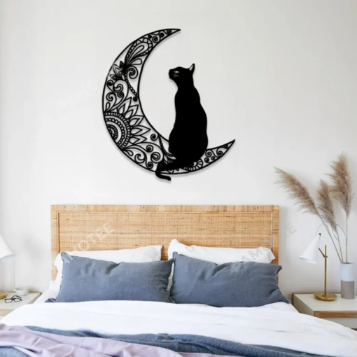 Black Cat Sitting On Mandala Moon Wall Art, Cat Metal Sign Decor, Many Sizes Available