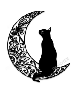 Black Cat Sitting On Mandala Moon Wall Art, Cat Metal Sign Decor, Many Sizes Available