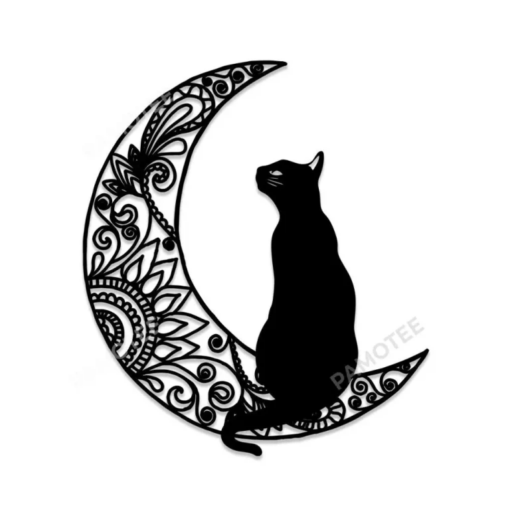 Black Cat Sitting On Mandala Moon Wall Art, Cat Metal Sign Decor, Many Sizes Available