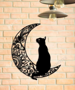 Black Cat Sitting On Mandala Moon Wall Art, Cat Metal Sign Decor, Many Sizes Available