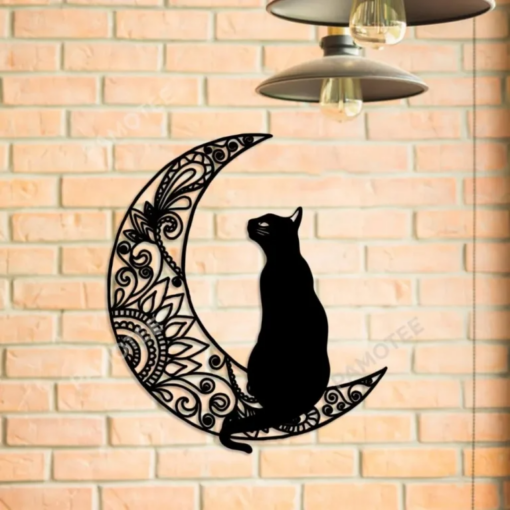 Black Cat Sitting On Mandala Moon Wall Art, Cat Metal Sign Decor, Many Sizes Available