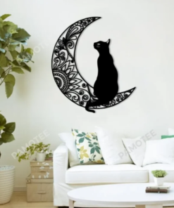 Black Cat Sitting On Mandala Moon Wall Art, Cat Metal Sign Decor, Many Sizes Available