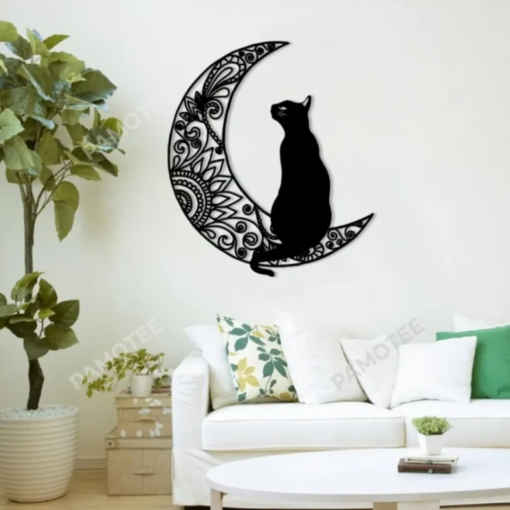 Black Cat Sitting On Mandala Moon Wall Art, Cat Metal Sign Decor, Many Sizes Available