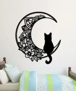 Black Cat On The Moon Metal Wall Art, Mandala Cat Signs, Black Cat Metal Signs, House Decor, Gift For Cat Lover, Wall Hanger