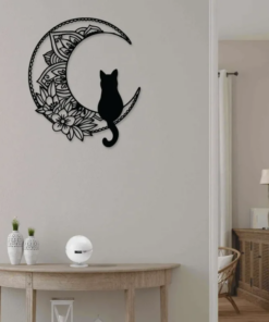 Black Cat On The Moon Metal Wall Art, Mandala Cat Signs, Black Cat Metal Signs, House Decor, Gift For Cat Lover, Wall Hanger