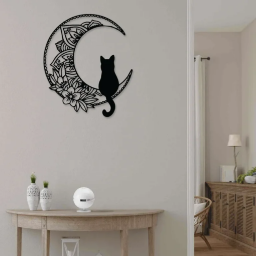 Black Cat On The Moon Metal Wall Art, Mandala Cat Signs, Black Cat Metal Signs, House Decor, Gift For Cat Lover, Wall Hanger