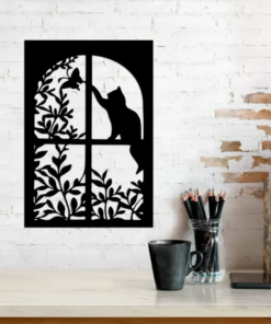 Cat And Butterfly In Window Metal Wall, Hanging Art, Garden Decor, Black Cat Metal Signs, House Decor, Gift For Cat Lover, Wall Hanger