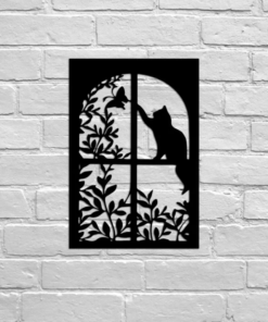 Cat And Butterfly In Window Metal Wall, Hanging Art, Garden Decor, Black Cat Metal Signs, House Decor, Gift For Cat Lover, Wall Hanger