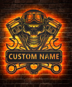 Custom Motorcycle Skull Garage Metal Wall Art LED Light Motorbike Creative Iron Sheet