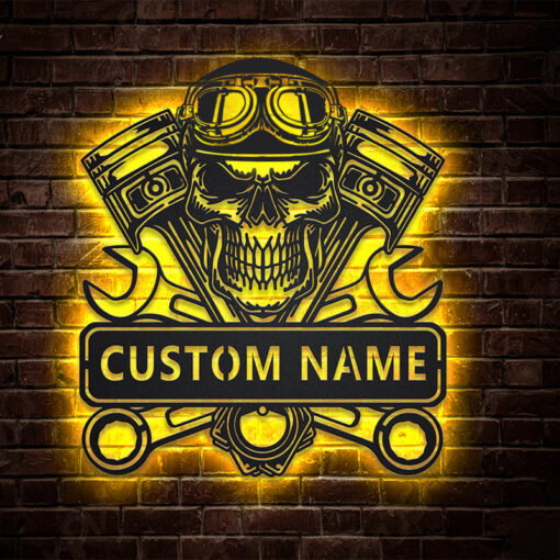 Custom Motorcycle Skull Garage Metal Wall Art LED Light Motorbike Creative Iron Sheet