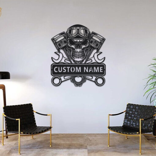 Custom Motorcycle Skull Garage Metal Wall Art LED Light Motorbike Creative Iron Sheet