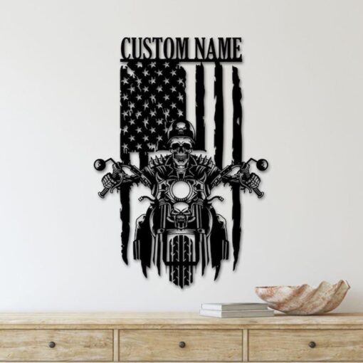 Custom American Flag Skull Motorcycle Metal Wall Art Motorbike Creative Iron Sheet