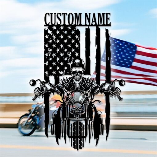 Custom American Flag Skull Motorcycle Metal Wall Art Motorbike Creative Iron Sheet