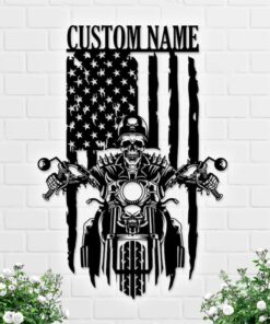 Custom American Flag Skull Motorcycle Metal Wall Art Motorbike Creative Iron Sheet