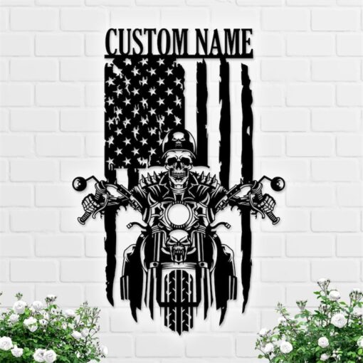 Custom American Flag Skull Motorcycle Metal Wall Art Motorbike Creative Iron Sheet