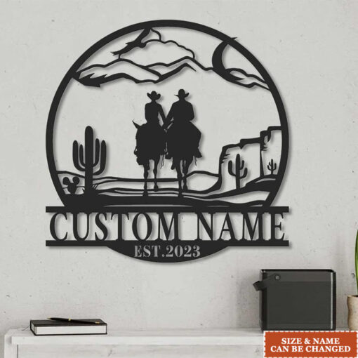 Personalized Custom Cowboy Cowgirl Couple Riding Horse Metal Wall Art