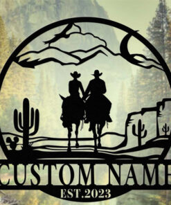 Personalized Custom Cowboy Cowgirl Couple Riding Horse Metal Wall Art