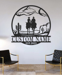 Personalized Custom Cowboy Cowgirl Couple Riding Horse Metal Wall Art