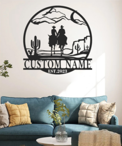 Personalized Custom Cowboy Cowgirl Couple Riding Horse Metal Wall Art