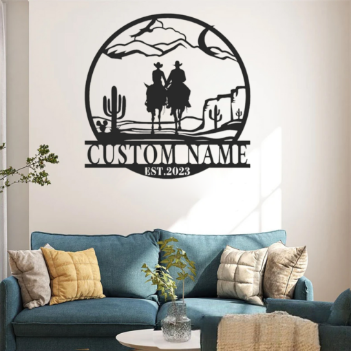 Personalized Custom Cowboy Cowgirl Couple Riding Horse Metal Wall Art