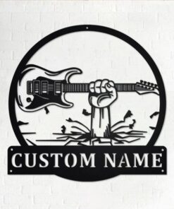 Hand Holding Electric Guitar Metal Art Personalized Metal Name Sign Music Room Decor