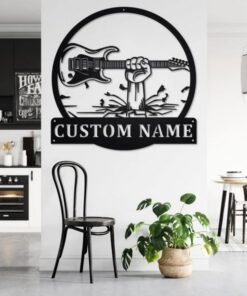 Hand Holding Electric Guitar Metal Art Personalized Metal Name Sign Music Room Decor