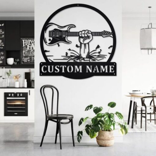 Hand Holding Electric Guitar Metal Art Personalized Metal Name Sign Music Room Decor