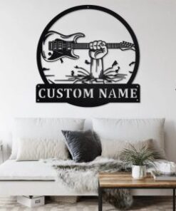 Hand Holding Electric Guitar Metal Art Personalized Metal Name Sign Music Room Decor