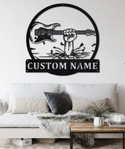 Hand Holding Electric Guitar Metal Art Personalized Metal Name Sign Music Room Decor