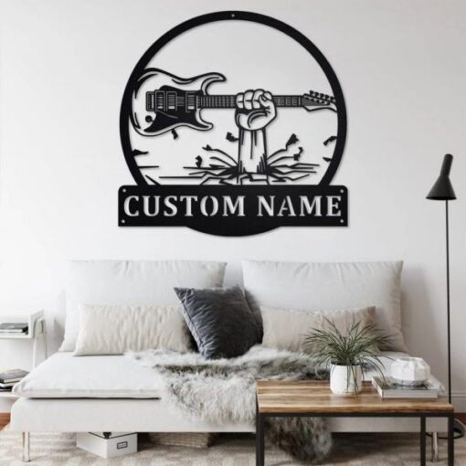 Hand Holding Electric Guitar Metal Art Personalized Metal Name Sign Music Room Decor