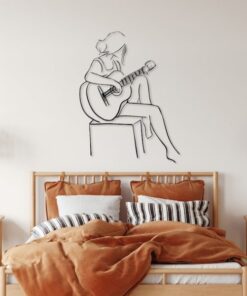 Woman Playing Guitar Minimalist Line Art Geometric Music Room Recording Studio Business Custom Metal Signs