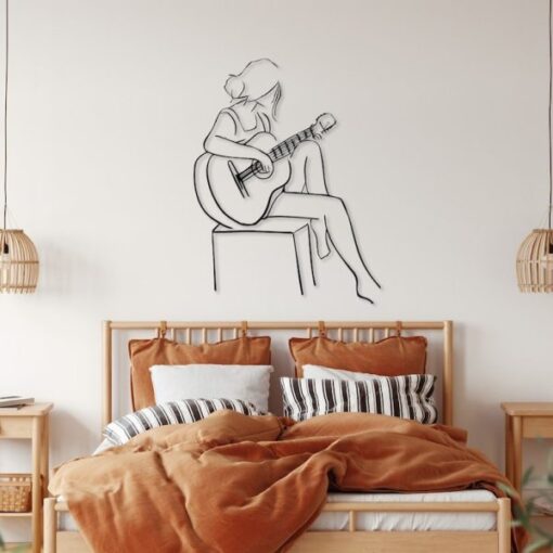 Woman Playing Guitar Minimalist Line Art Geometric Music Room Recording Studio Business Custom Metal Signs