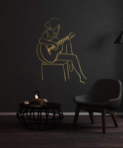 Woman Playing Guitar Minimalist Line Art Geometric Music Room Recording Studio Business Custom Metal Signs