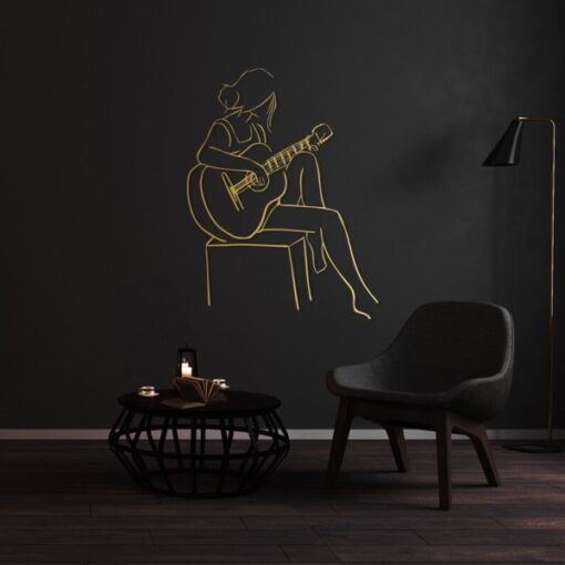 Woman Playing Guitar Minimalist Line Art Geometric Music Room Recording Studio Business Custom Metal Signs