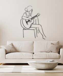 Woman Playing Guitar Minimalist Line Art Geometric Music Room Recording Studio Business Custom Metal Signs