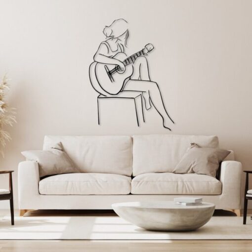 Woman Playing Guitar Minimalist Line Art Geometric Music Room Recording Studio Business Custom Metal Signs