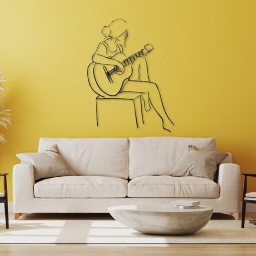 Woman Playing Guitar Minimalist Line Art Geometric Music Room Recording Studio Business Custom Metal Signs