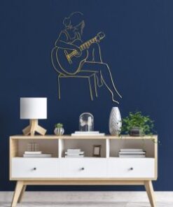 Woman Playing Guitar Minimalist Line Art Geometric Music Room Recording Studio Business Custom Metal Signs