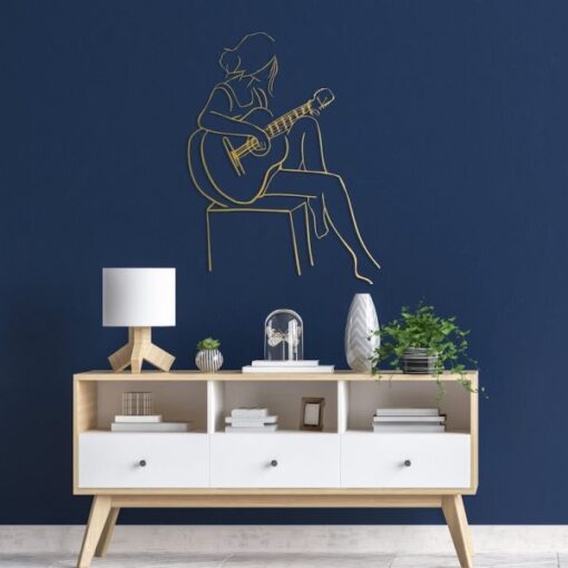 Woman Playing Guitar Minimalist Line Art Geometric Music Room Recording Studio Business Custom Metal Signs