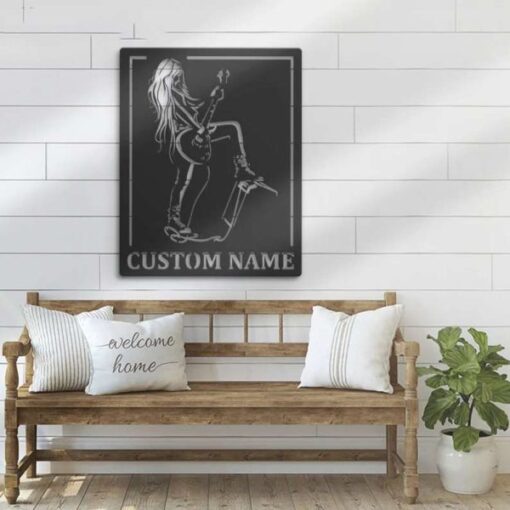 Female Play Guitar Girl Rock And Roll Music Room Guitar Player Singer Personalized Metal Sign