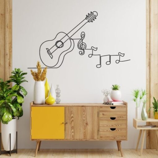 Music Notes and Guitar Line Art Minimalism Music Room Recording Studio Business Custom Metal Signs