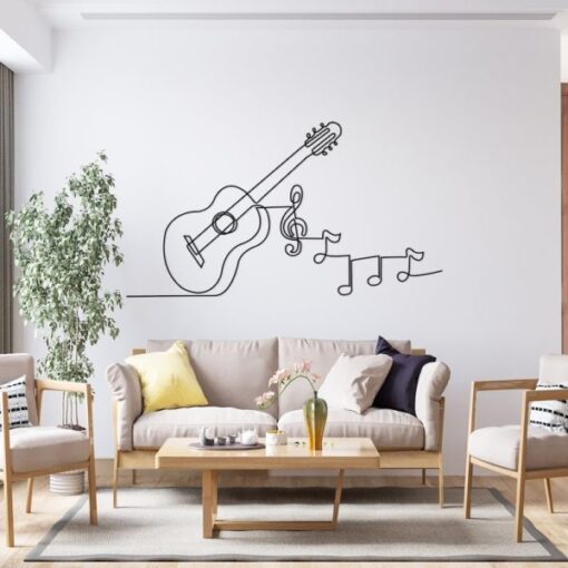 Music Notes and Guitar Line Art Minimalism Music Room Recording Studio Business Custom Metal Signs