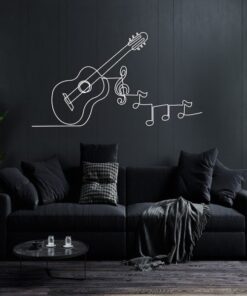 Music Notes and Guitar Line Art Minimalism Music Room Recording Studio Business Custom Metal Signs